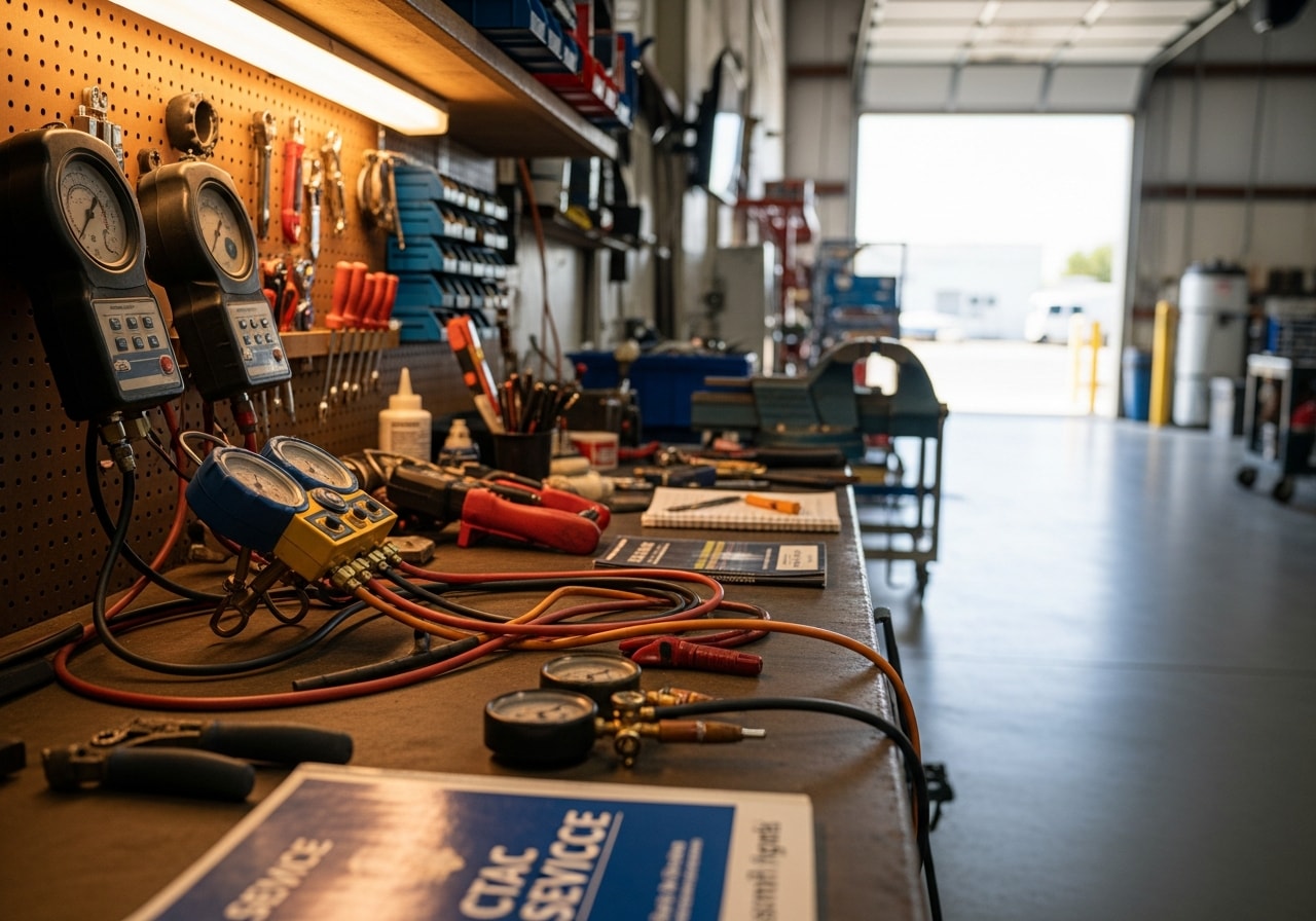 HVAC technician tools and equipment on a work bench, ready for service calls.