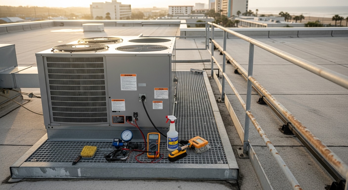 Commercial facility maintenance technician inspecting building systems