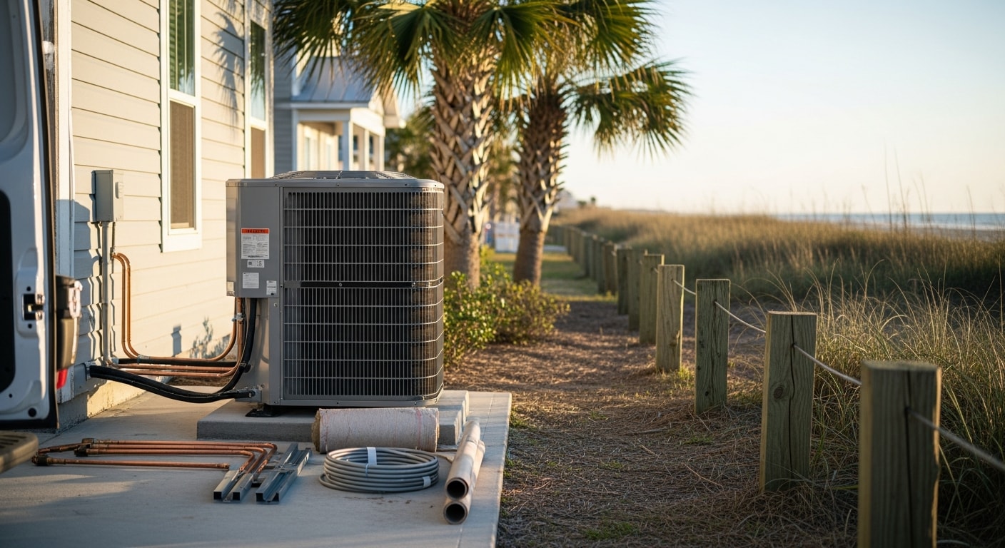 Heat pump outdoor unit with technician performing maintenance