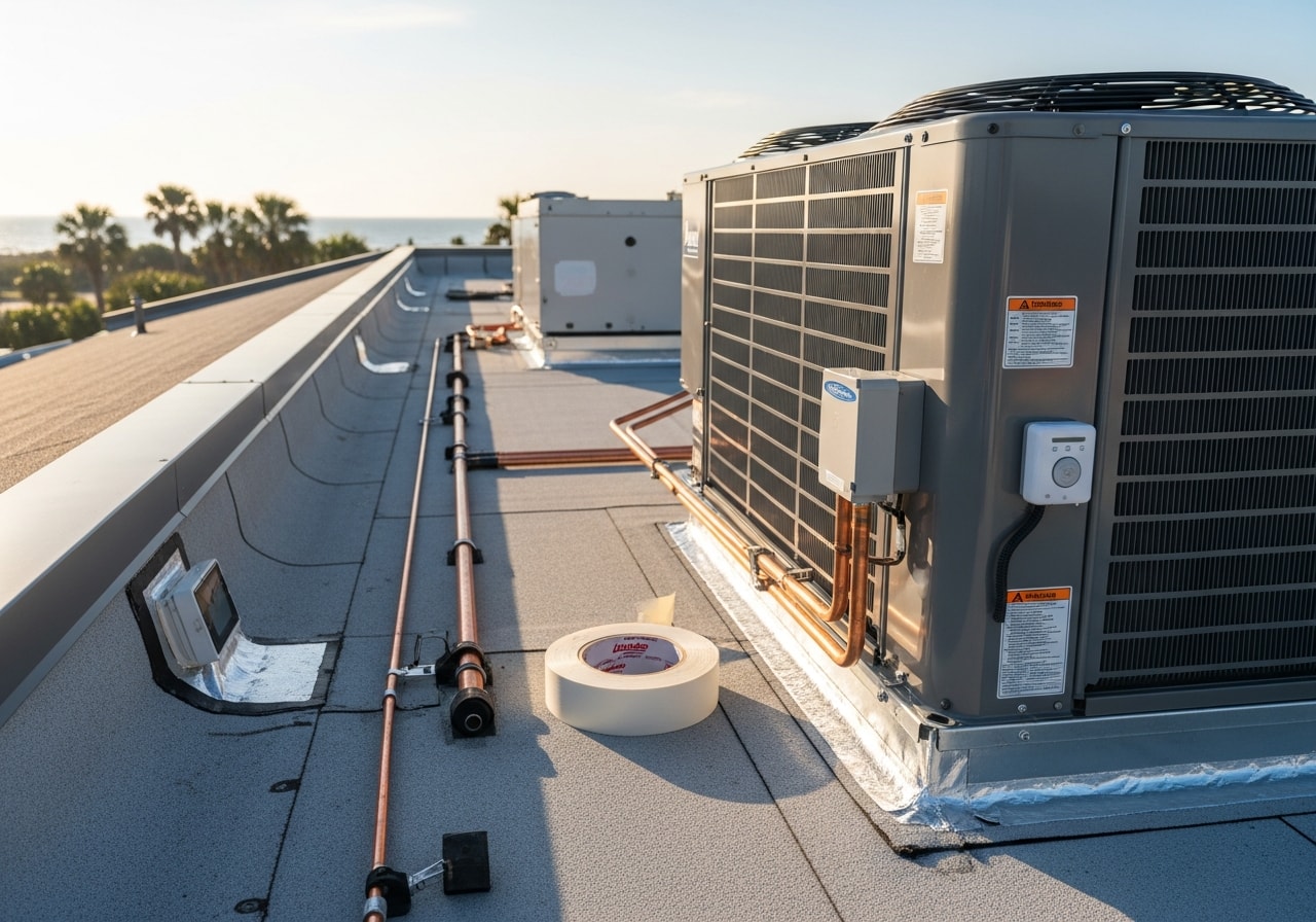 New rooftop HVAC unit installed on commercial office building in Myrtle Beach