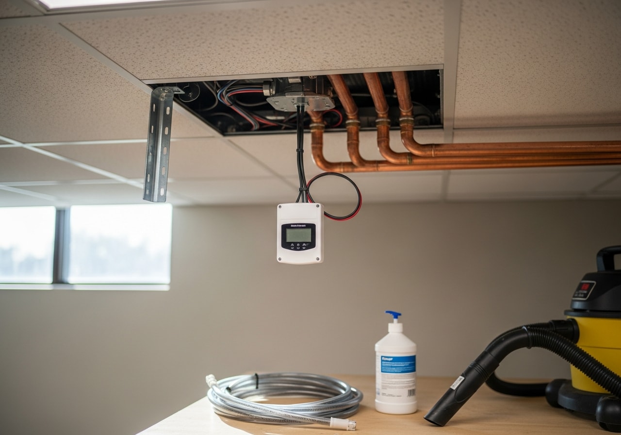 Technician cleaning commercial HVAC condensate drain line