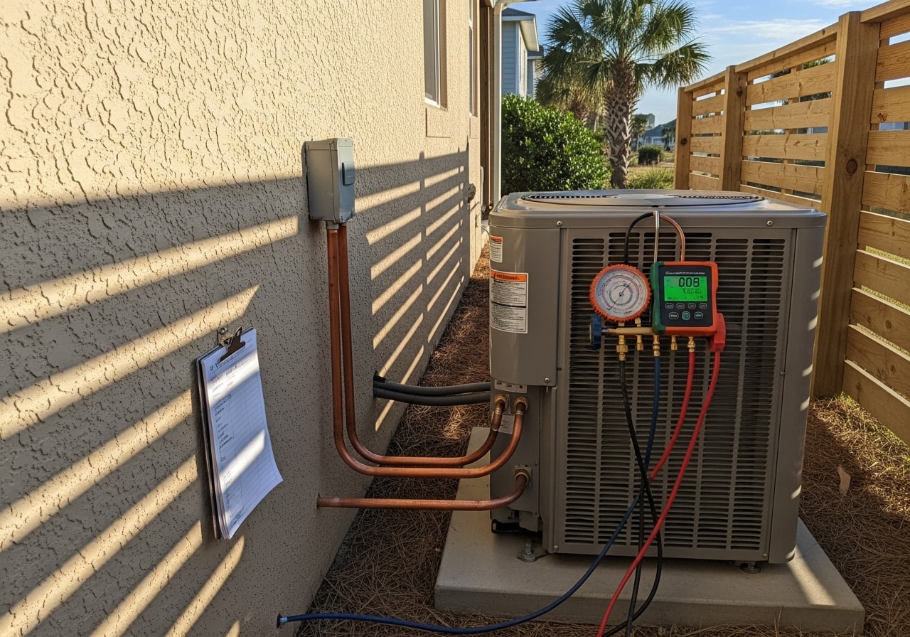 Heat pump unit repair work on residential vacation rental property