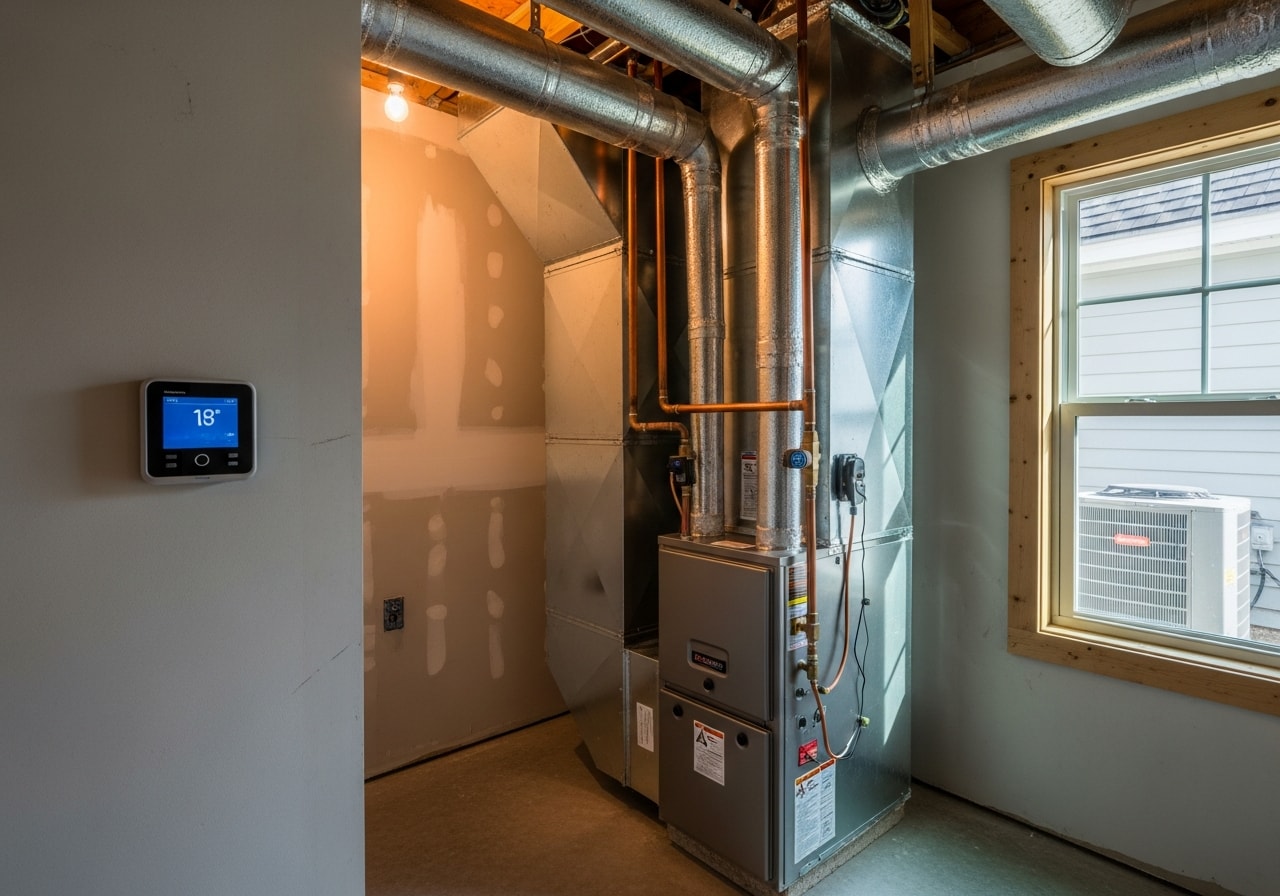 New HVAC furnace and air conditioning system installed in residential home