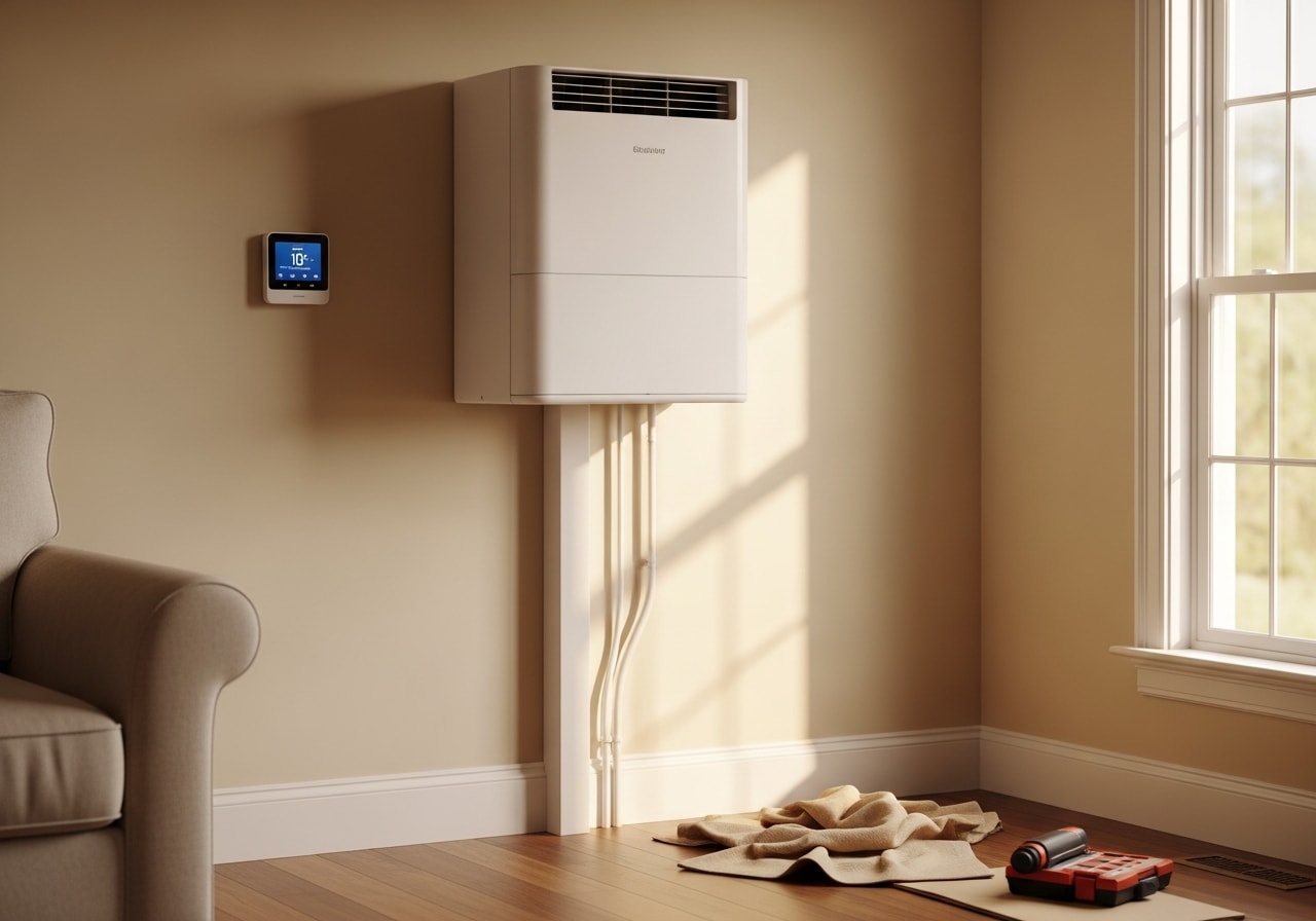 Indoor mini split air conditioning unit mounted on bedroom wall