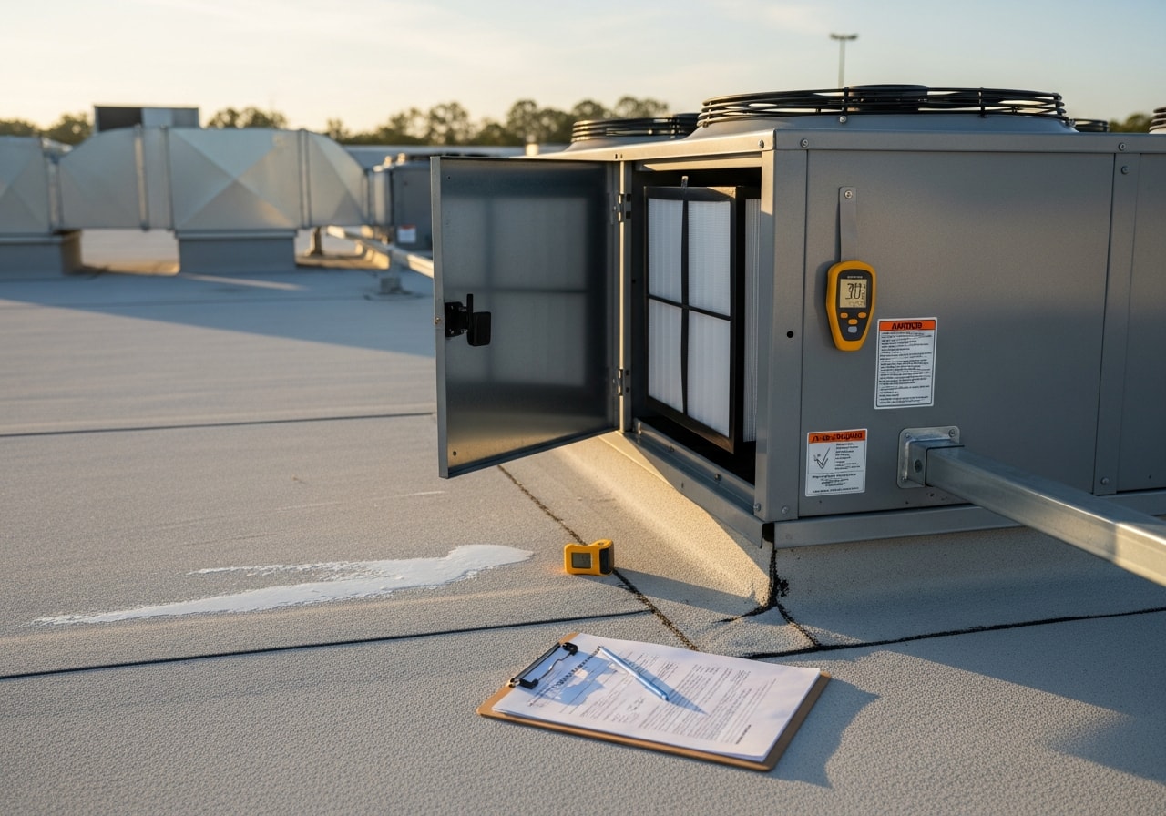 HVAC technician performing quarterly maintenance on commercial rooftop unit