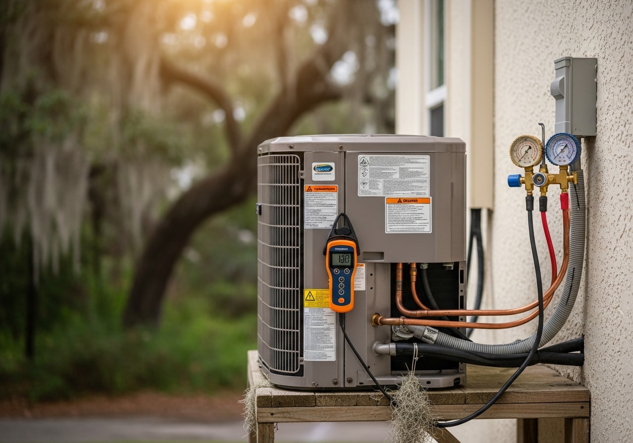 HVAC technician performing refrigerant leak detection on residential AC unit