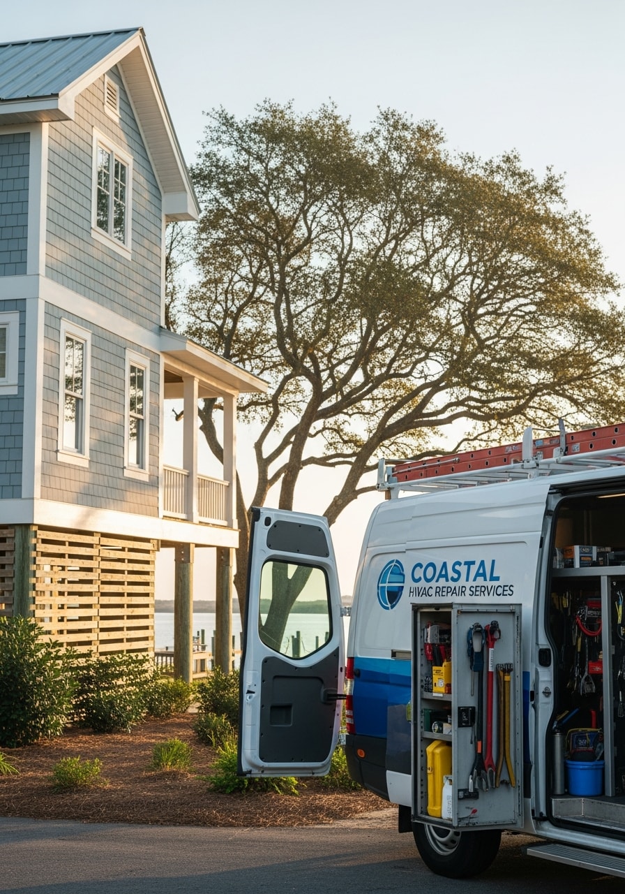 Contractor standing near a Little River home with waterfront views, representing local coastal property expertise.