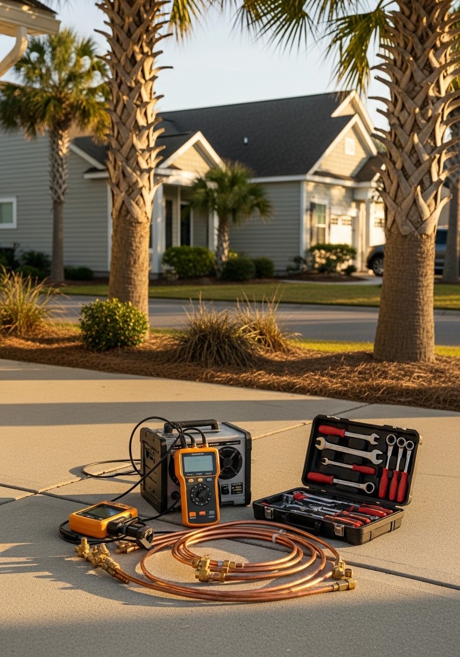 Contractor in work gear standing in front of a Myrtle Beach home, ready to assess property maintenance needs.