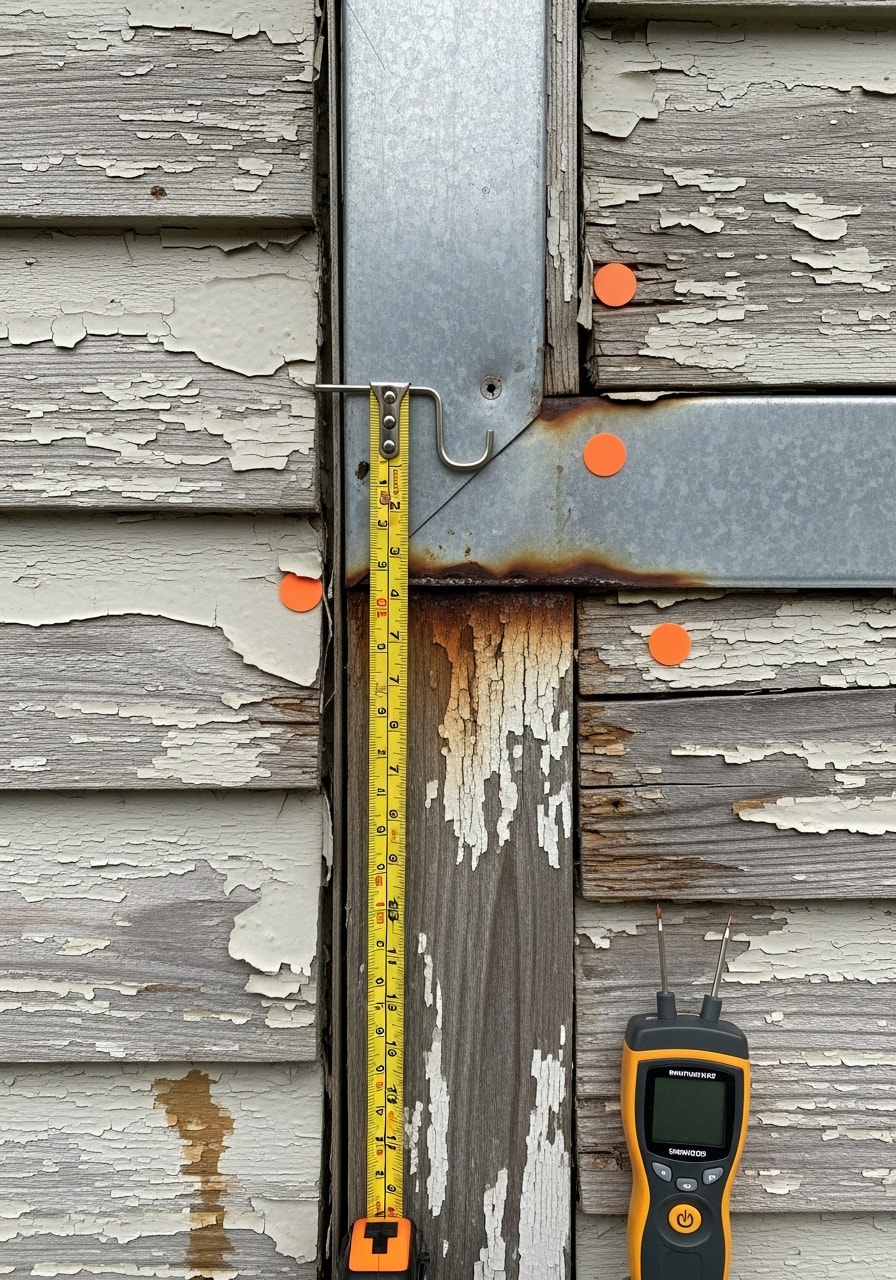 Close-up of professional contractor assessing a coastal home's exterior condition in North Myrtle Beach.