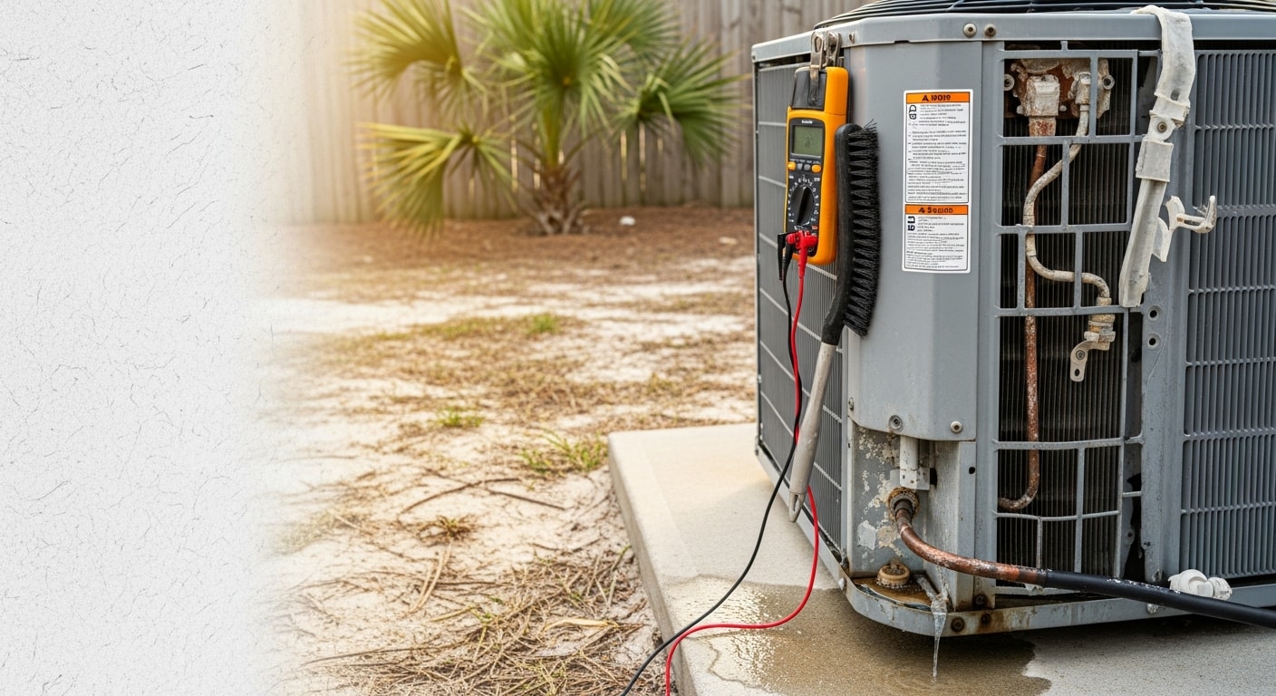 A Coastal Facility Solutions technician cleaning the outdoor condenser coils of a residential AC unit in North Myrtle Beach, SC. The coastal setting is visible in the background, with the technician inspecting components for salt-air corrosion during a routine maintenance visit.