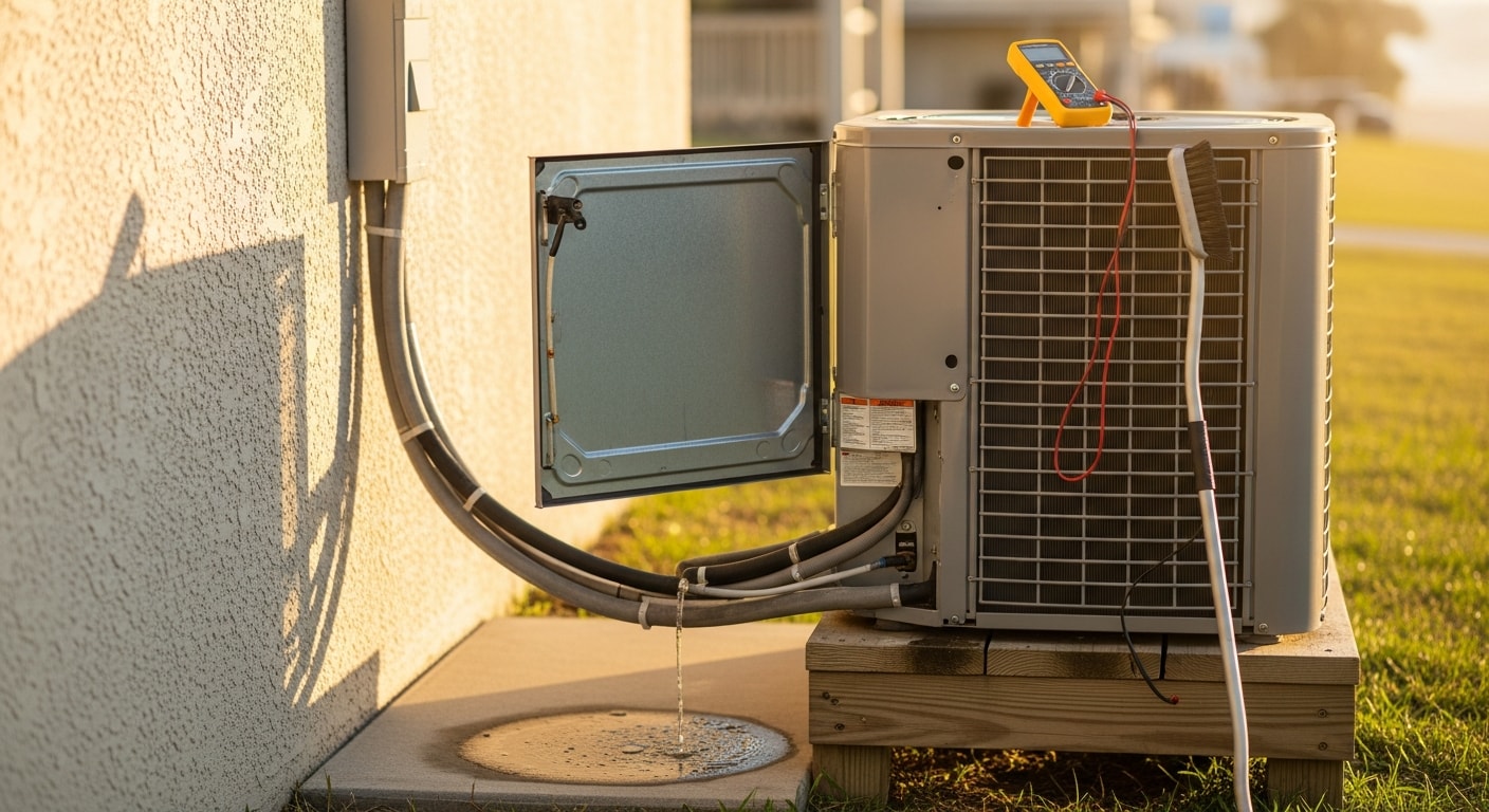 A Coastal Facility Solutions technician inspecting an outdoor AC condenser unit at a raised beach home in North Myrtle Beach, SC. The unit shows signs of coastal salt exposure on the coil fins, with the Atlantic Ocean visible in the background.