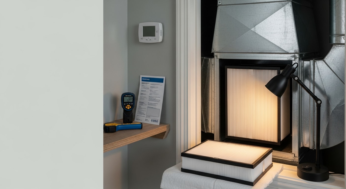 A Coastal Facility Solutions technician installing a clean air filter into a residential HVAC air handler inside a North Myrtle Beach home. The return vent cover is open and the old filter sits nearby, showing visible dust and debris buildup.