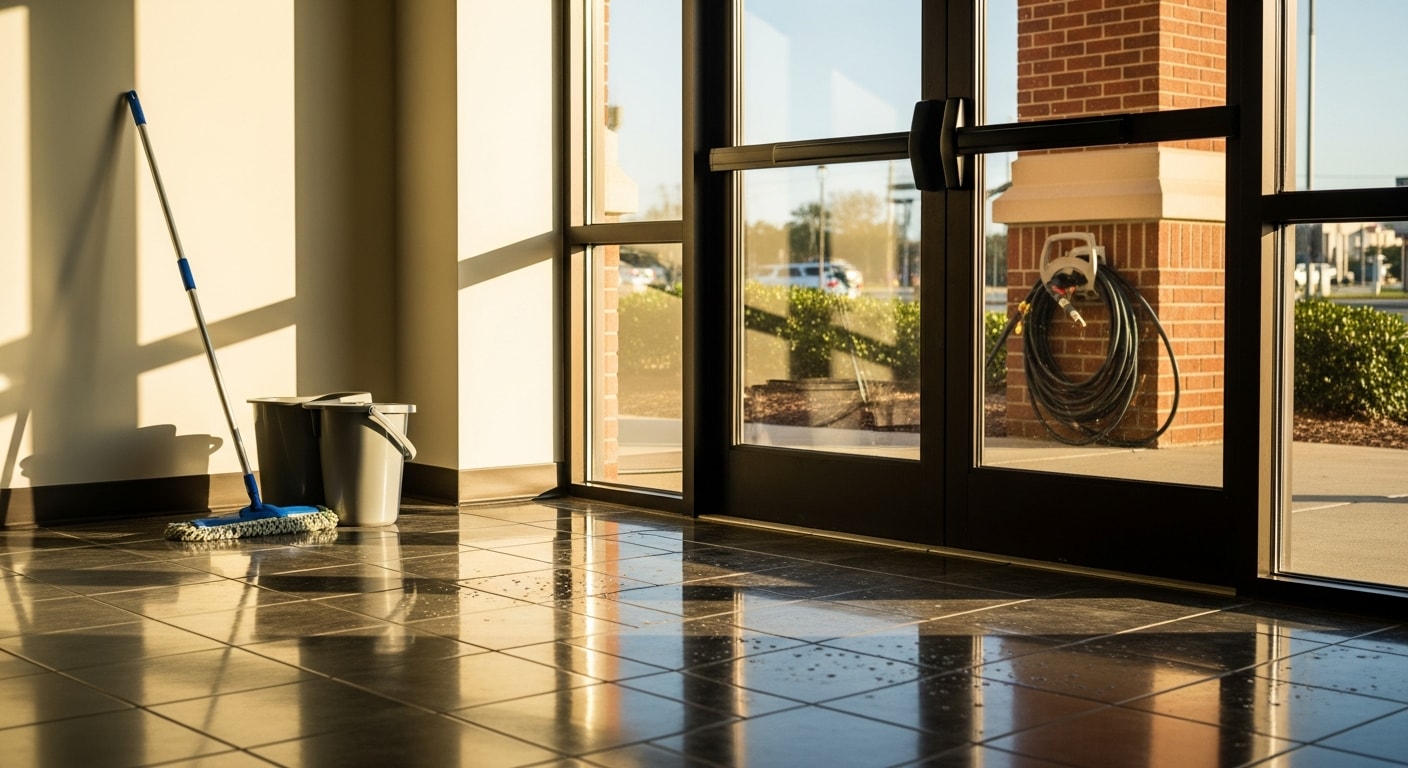 A clean commercial building interior in North Myrtle Beach, SC showing polished floors, sanitized surfaces, and well-maintained common areas after a preventive maintenance visit by Coastal Facility Solutions. Exterior view shows pressure-washed pavement and building facade free of salt residue and coastal grime.