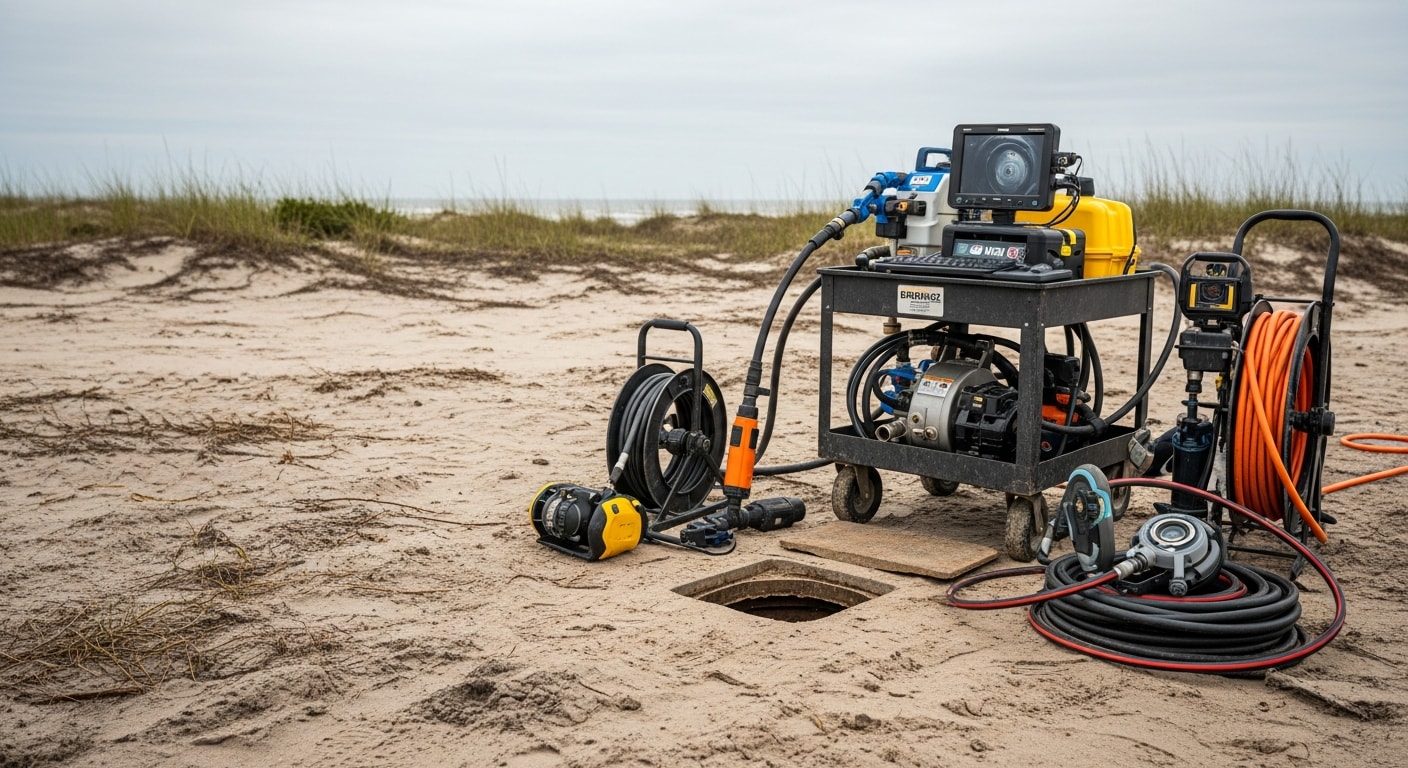 A technician from Coastal Facility Solutions feeding a professional drain cleaning cable into a floor drain access point at a North Myrtle Beach property. The pipe interior shown on a nearby camera monitor displays cleared walls after hydro-jetting.