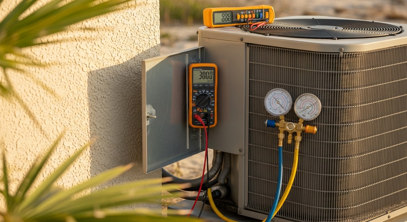 A Coastal Facility Solutions HVAC technician inspecting a heat pump unit outside a coastal home in North Myrtle Beach, SC. The technician is checking electrical components on a system showing visible corrosion consistent with salt air exposure.