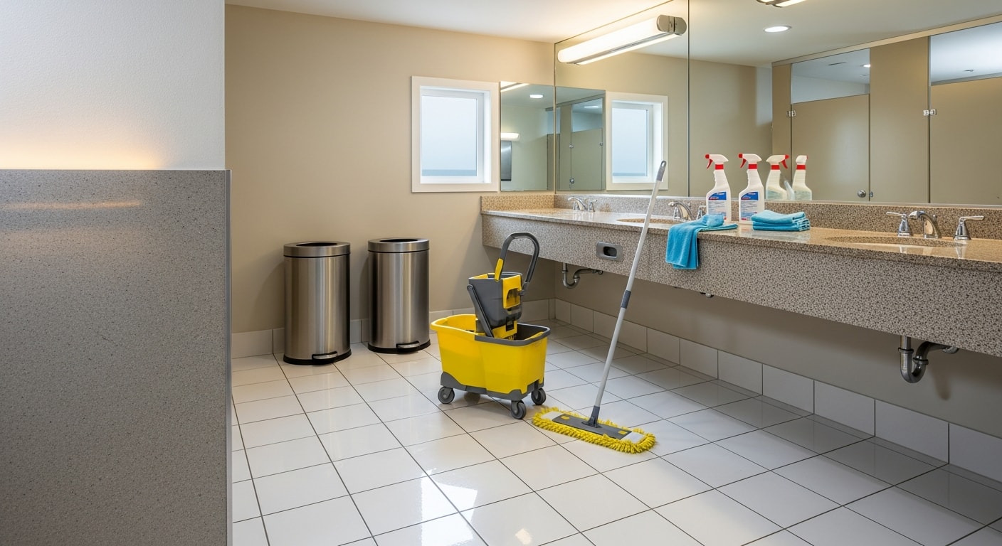 Interior of a clean commercial facility in North Myrtle Beach, SC, with polished floors, sanitized restroom fixtures, and organized common areas after a routine maintenance visit by Coastal Facility Solutions.