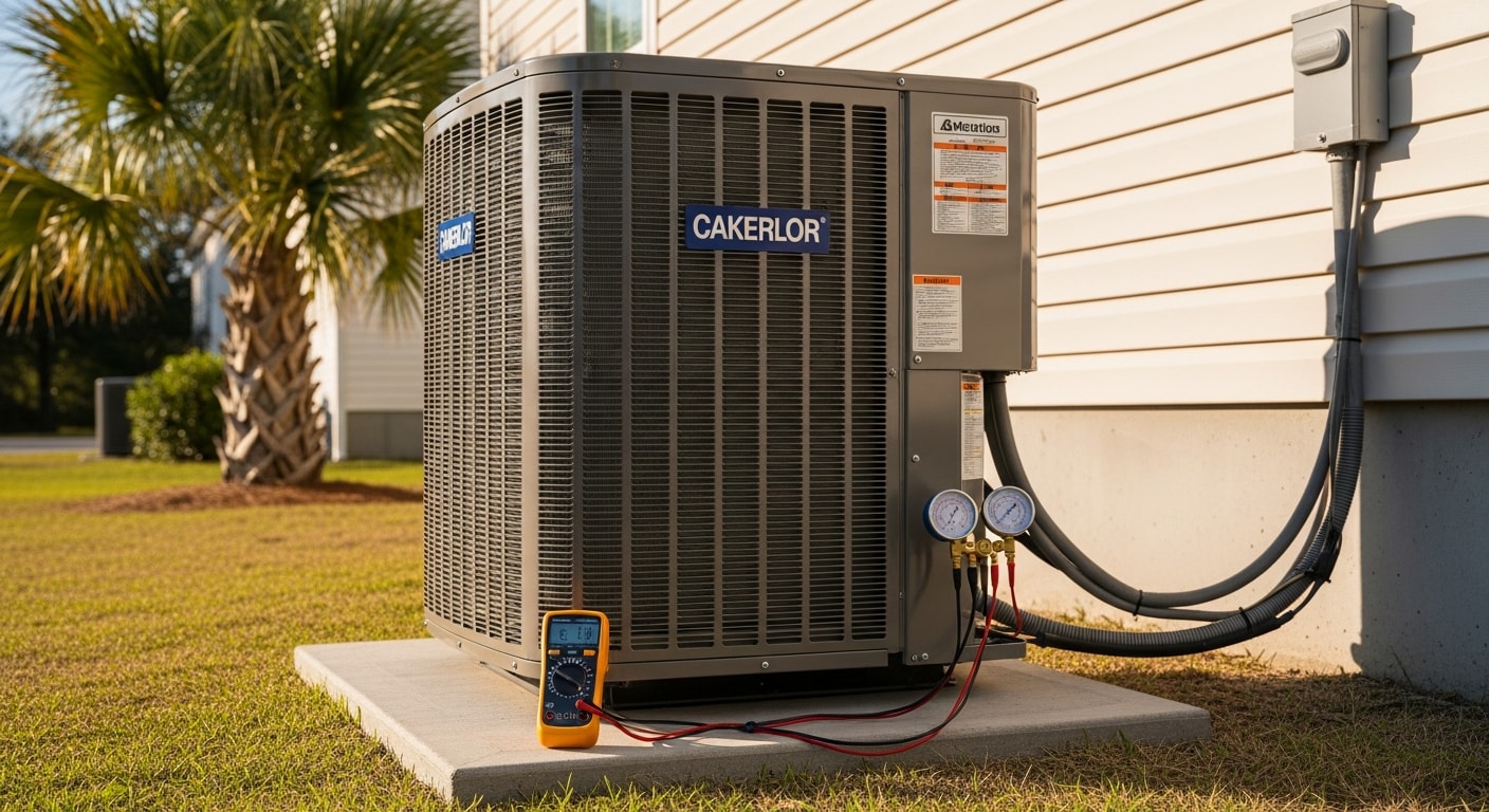 A newly installed heat pump outdoor unit positioned beside a single-family home in North Myrtle Beach, SC, with a technician from Coastal Facility Solutions completing the final system check.