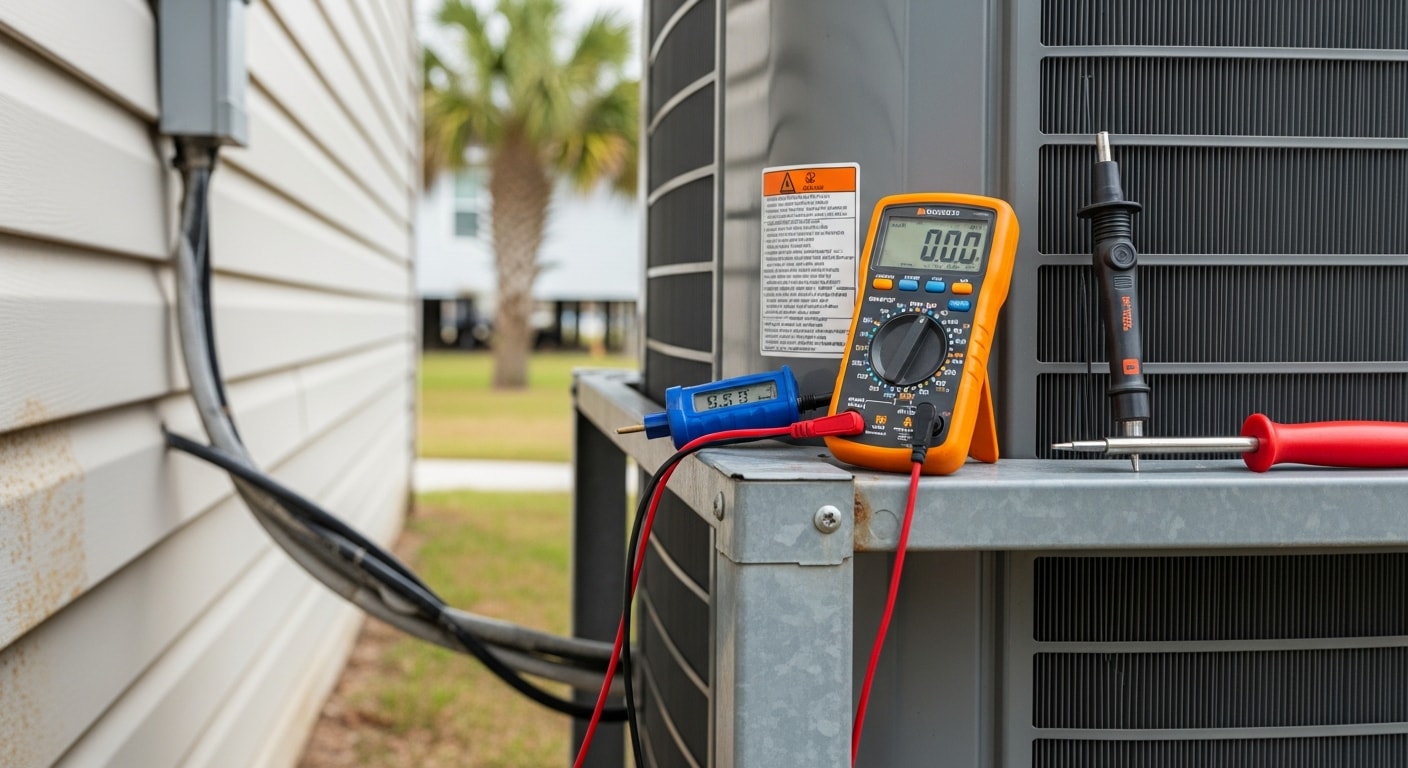 A technician from Coastal Facility Solutions inspecting the outdoor unit of a residential heat pump in North Myrtle Beach, SC. The unit shows signs of coastal wear, with the technician checking coil and electrical components during a repair visit.