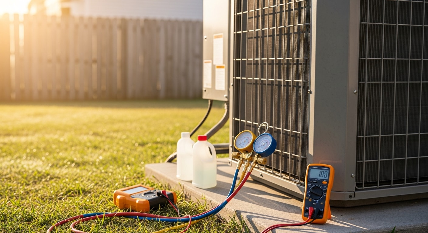 A Coastal Facility Solutions heating contractor inspecting the outdoor unit of a residential heat pump at a North Myrtle Beach home. The technician checks coil condition and electrical connections on a clear day with coastal surroundings visible in the background.