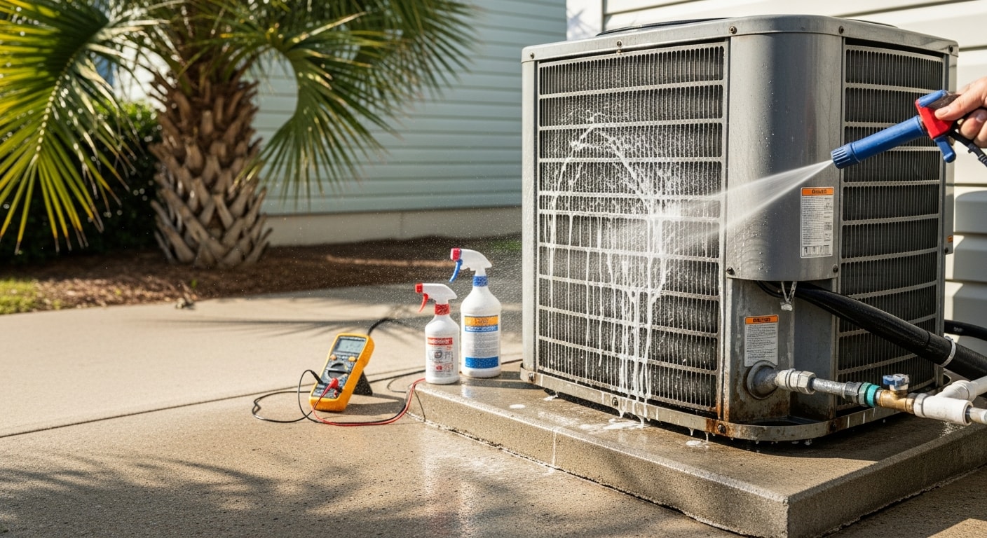 A Coastal Facility Solutions HVAC technician inspecting an outdoor condenser unit at a North Myrtle Beach, SC home, checking coils and electrical components for salt air corrosion during a routine maintenance visit.