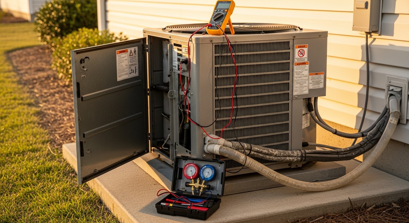A Coastal Facility Solutions HVAC technician inspecting a salt-corroded outdoor condenser unit at a North Myrtle Beach, SC residential property. The technician checks electrical components and coil condition on a coastal home during a repair visit.