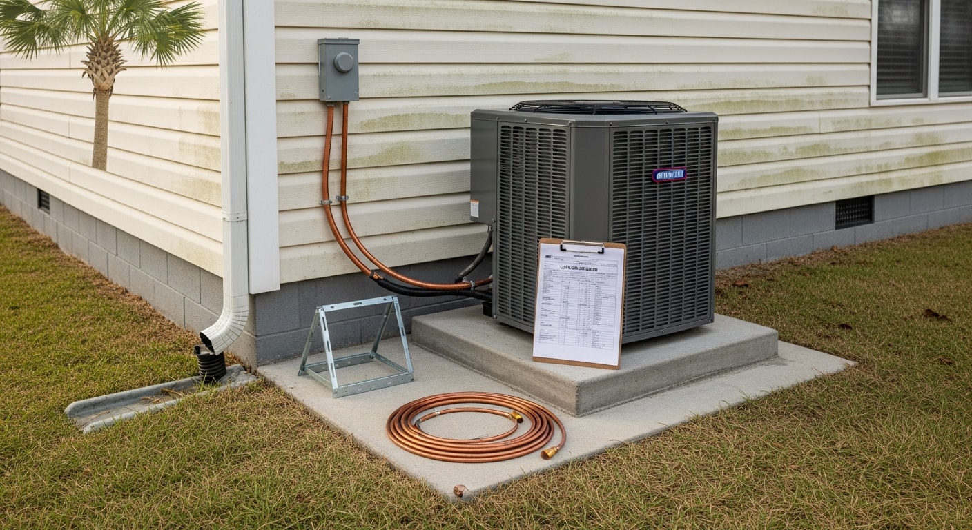 A newly installed outdoor HVAC condenser unit positioned beside a coastal home in North Myrtle Beach, SC, with clean copper line sets and a corrosion-resistant cabinet. A Coastal Facility Solutions technician inspects the completed installation on a clear day.