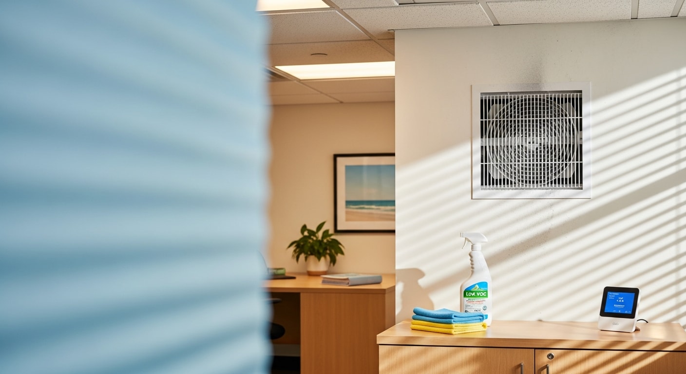 A commercial cleaning technician wiping down an HVAC vent cover inside a North Myrtle Beach office building. The workspace shows clean surfaces and clear air vents after a professional indoor air quality cleaning service.
