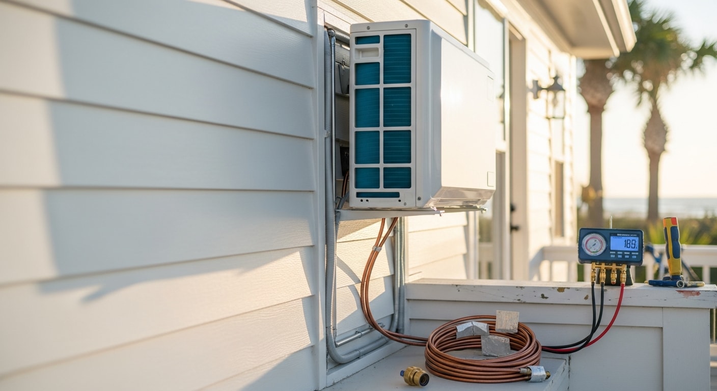 A wall-mounted mini split indoor air handler installed in a coastal home in North Myrtle Beach, SC, with a compact outdoor condenser unit positioned on the exterior wall. The installation shows clean refrigerant line routing and a weatherproof exterior seal.