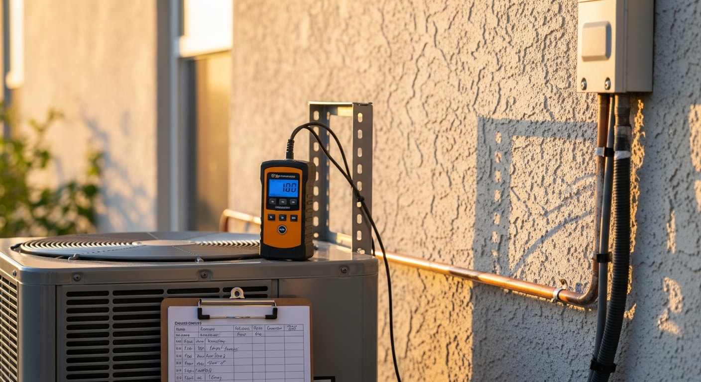 A Coastal Facility Solutions technician using an electronic refrigerant leak detector on an outdoor AC condenser unit at a residential property in North Myrtle Beach, SC. The coastal setting shows a single-family home with a corroded condenser coil being inspected in humid outdoor conditions.