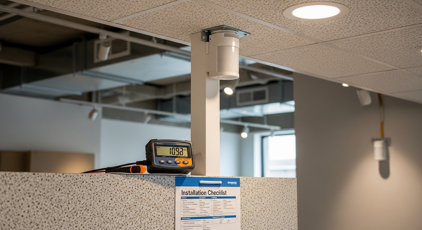 A commercial ceiling-mounted occupancy sensor installed in a North Myrtle Beach office or retail facility, with visible wiring connections and a clear field of view across an open workspace. The sensor is positioned away from HVAC vents to maintain accurate detection in a coastal commercial environment.