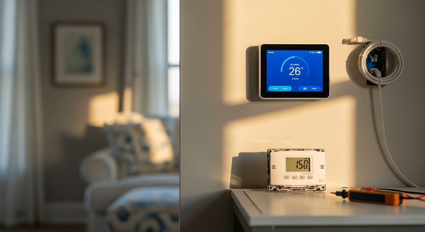 A licensed HVAC technician from Coastal Facility Solutions mounting a smart thermostat on an interior wall of a North Myrtle Beach home. The thermostat display shows temperature and humidity readings with the coastal home's living area visible in the background.