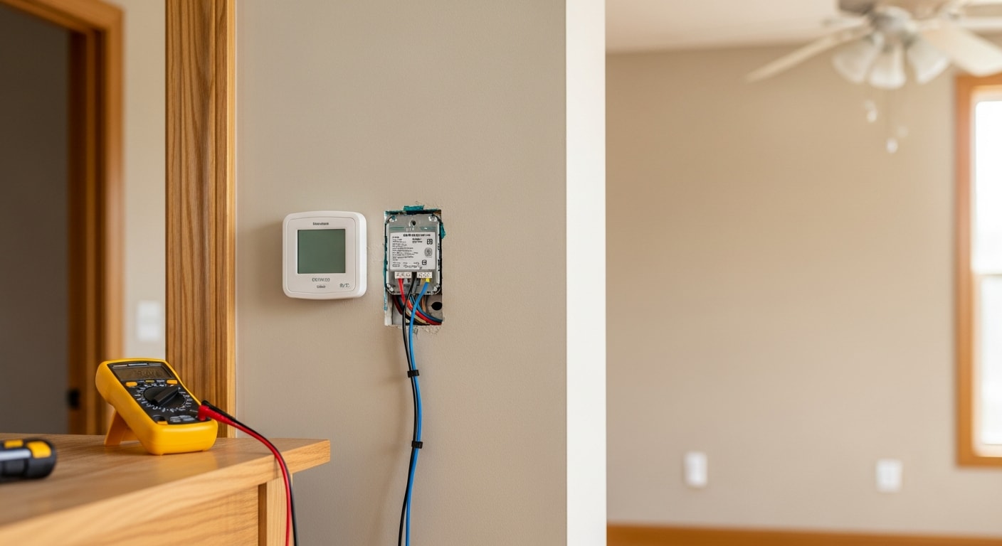 A heating contractor installing a wall thermostat in a North Myrtle Beach home, with the HVAC control wiring visible at the wall plate. The finished installation shows the thermostat mounted level on an interior wall next to a hallway.