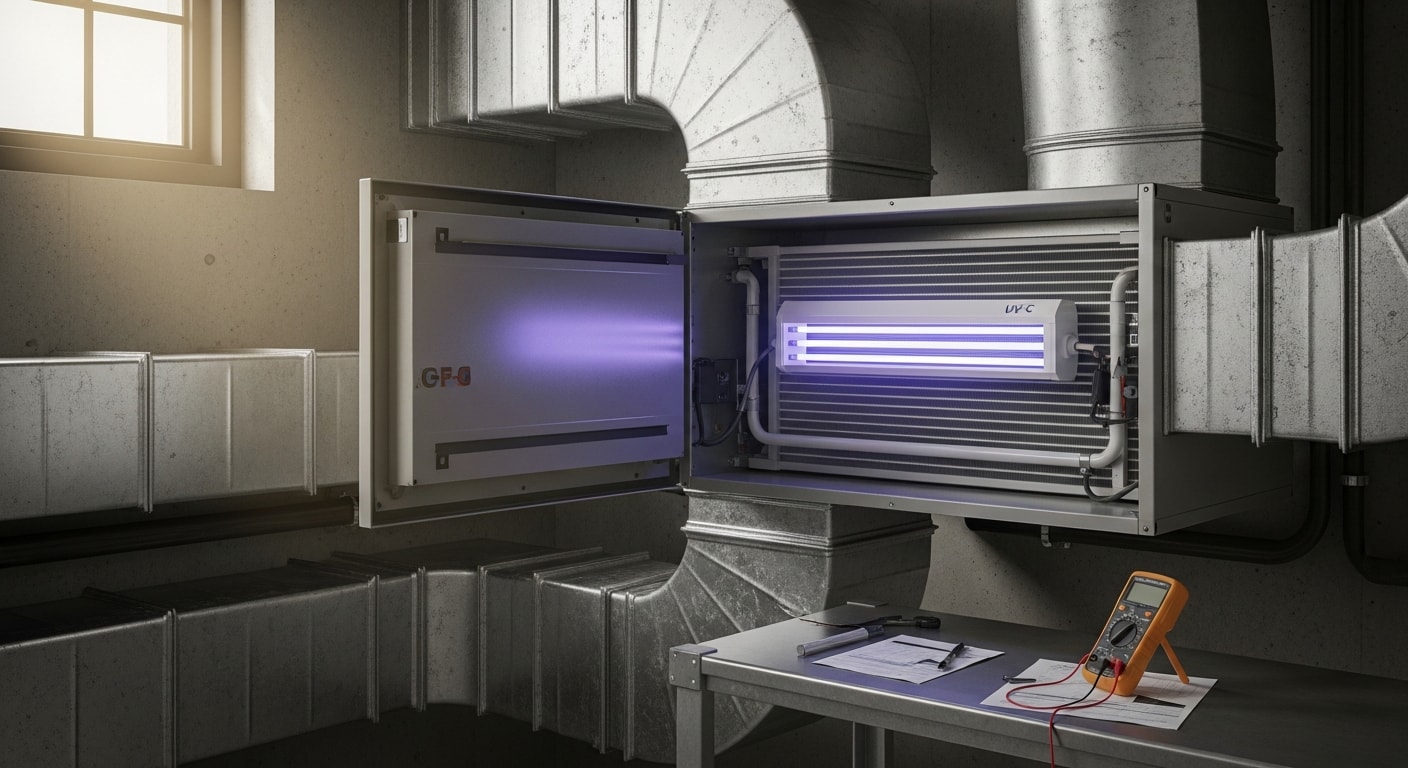 A UV-C light system mounted inside a commercial HVAC air handler near the evaporator coil in a North Myrtle Beach, SC facility. The blue germicidal light is visible inside the unit with the access panel open.